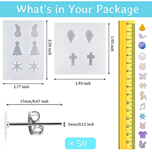 Geiserailie 22 Pieces Stud Earrings Resin Moulds Tiny Jewelry Silicone Jewelry Epoxy Casting Moulds with Stainless Steel Ear Studs and Earring Backs for Resin DIY Jewelry Making Supplies