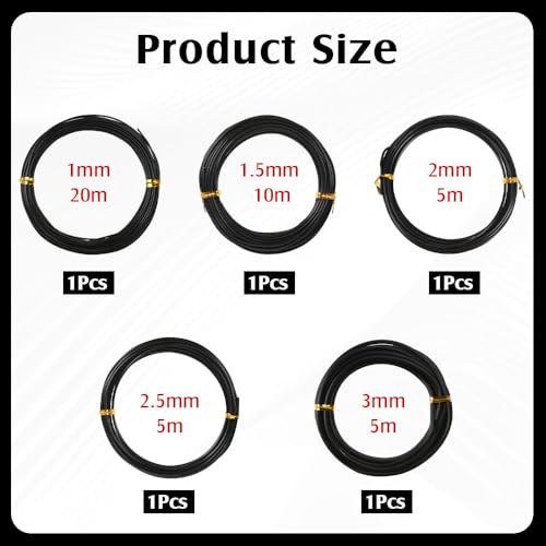 5 Rolls Bonsai Wire, 147 Feet Aluminum Bonsai Training Wires, 5 Sizes Plant Training Wires Black Plant Wires Aluminum Wire for Bonsai Tree Training Indoor DIY Crafts (1mm, 1.5mm, 2mm, 2.5mm, 3mm) - size: 1mm/1.5mm/2mm/2.5mm/3mm