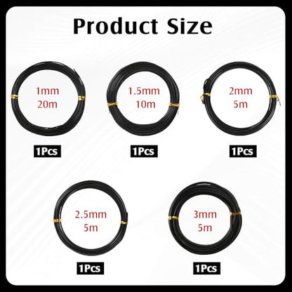 5 Rolls Bonsai Wire, 147 Feet Aluminum Bonsai Training Wires, 5 Sizes Plant Training Wires Black Plant Wires Aluminum Wire for Bonsai Tree Training Indoor DIY Crafts (1mm, 1.5mm, 2mm, 2.5mm, 3mm) - size: 1mm/1.5mm/2mm/2.5mm/3mm