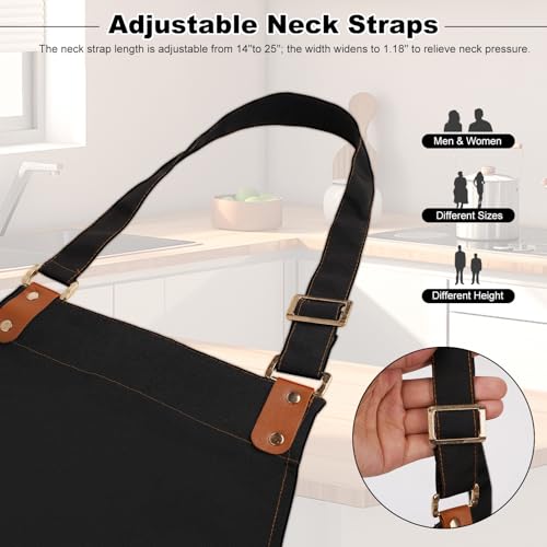 Chef Aprons for Women Men with Pockets(Functional and Large), Oil-Repellent & Water-Resistant Heavy-Duty Black Canvas with Adjustable Straps, Full-Coverage Protection for Cooking, Kitchen