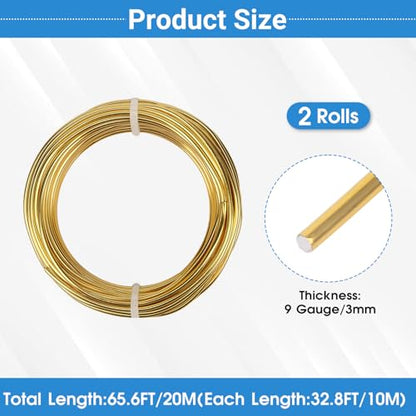 2 Rolls Aluminum Craft Wire, 9 Gauge (3mm) Flexible Metal Wire for Jewelry Making, 65.6 Ft (32.8 Ft/Roll) Bendable Armature Wire for Bonsai, Sculpting and DIY Crafts [Gold] - size: 9Gauge 32.8Ft Each, style: Gold