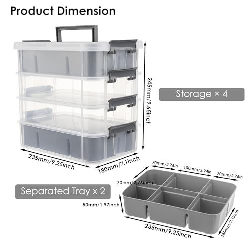 CraftGenes Craft Organizers and Storage, 4-Tier 10 Qt Box, 2 Trays, Grey | Clear Compartments; Dual Removable Inserts; Carry Handle; Side Latches; Beads, Ribbon, Stamps, Scrapbook Pieces, DIY Tools - color: Grey