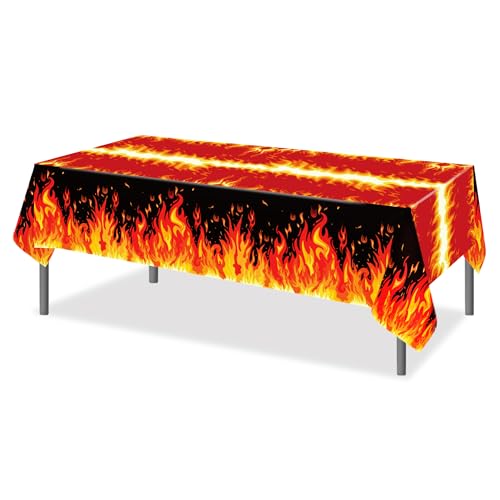 1Pc Fire Party Plastic Tablecloth 54 x 87 Inch Long Table Cover, Flame Party Tablecover for Fire Fighting Theme Kids Baby Shower Birthday Dinner Picnic Kitchen Event - color: Fire