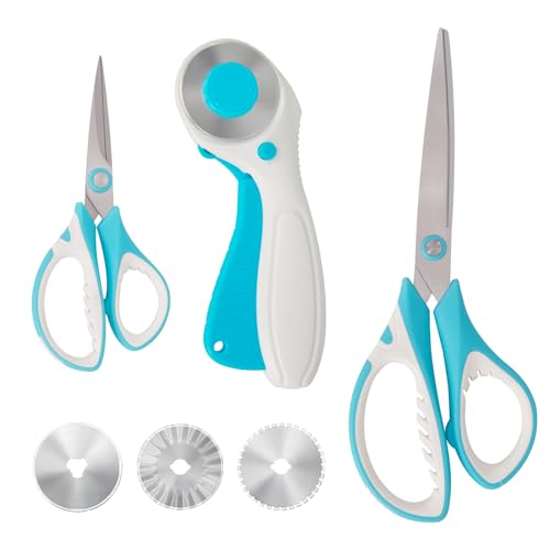 Professional Sewing Scissors Set: Big and Small Scissors, Rotary Cutter with 3pcs Extra Blades for Cutting Fabric - color: Blue