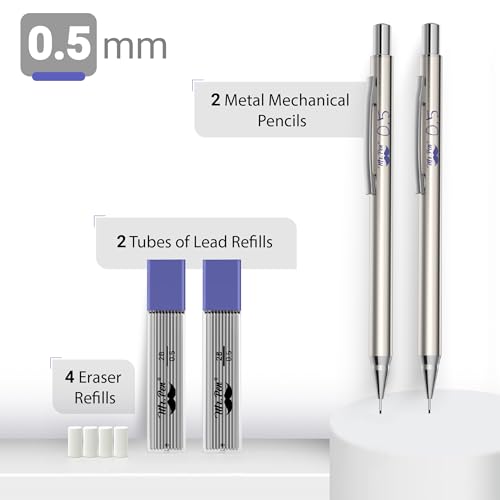Mr. Pen- Metal Mechanical Pencil Set with Lead Refills & Erasers, 2 Pack | 0.5mm, 4x Tubes 2B Lead Refill, 4x Eraser Refills for School Supplies, Note Taking, Drawing, Sketching, Office - style: 0.5mm