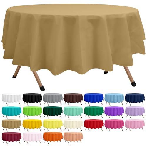 2 Pack Gold Premium Plastic Tablecloth Round 84 Inches Reusable Shinning Harvest Gold Decorative Table Cover for Dining, Wedding, Party, Indoor and Outdoor use - color: D04 Gold, size: Round 84"