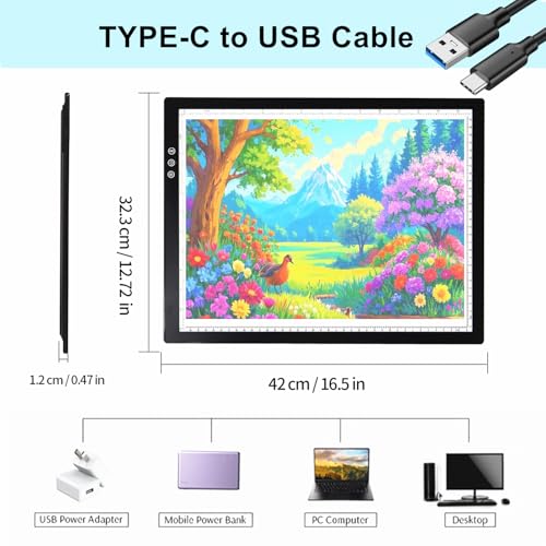 A3 Wireless Rechargeable Tracing Light Pad, 3-Colors & 8-Level Adjustable Brightness, 2500mAh Battery Powered Ultra-Thin Light Board with Foldable Stand for Diamond Art Painting - size: A3 Rechargable