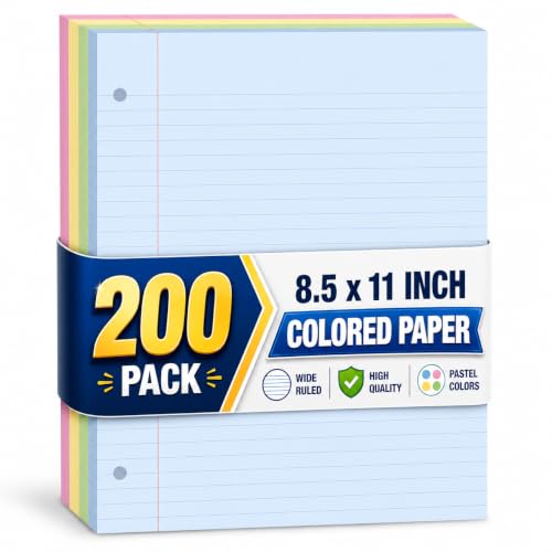 1InTheOffice Colored Notebook Paper 8.5x11, Wide Ruled, Lined Loose Leaf Paper, Pastel, 200/Pack