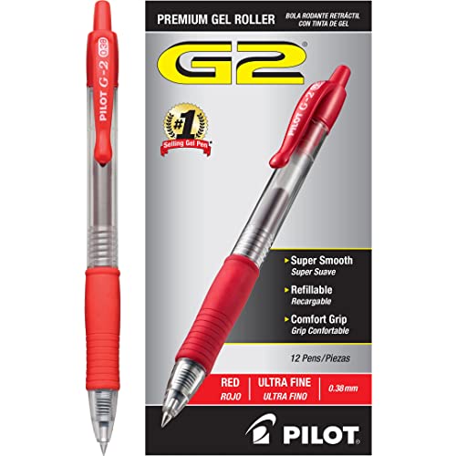 PILOT G2 Gel Roller Pens, Ultra Fine Point 0.38 mm, Red Pens, Pack of 12 - color: Red Ink, size: 12 Count (Pack of 1)