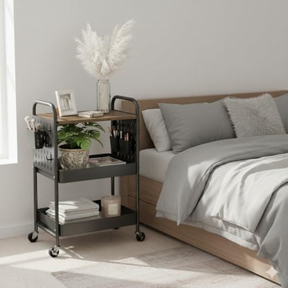 3 Tier Rolling Cart, Metal Storage Cart with Wooden Tabletop, Storage Cart with DIY Pegboards & Locked Wheels, Hooks & Hanging Cups for Any Room, Black - color: Black