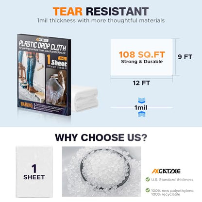 Axgatoxe 12 x 9 Ft Plastic Drop Cloths for Painting (1-Pack) | Plastic Painter's Sheeting & Tarps for Painting Supplies, Waterproof & Dust-proof Furniture/Couch/Floor Protection Cover - size: 1-Pack
