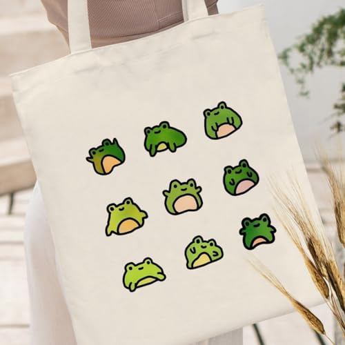 Canvas Aesthetic Tote Bag for Women with Inner Pocket Totes Shoulder Book Bag Shopping Reusable Grocery Bags - color: Cute Frogs Totes