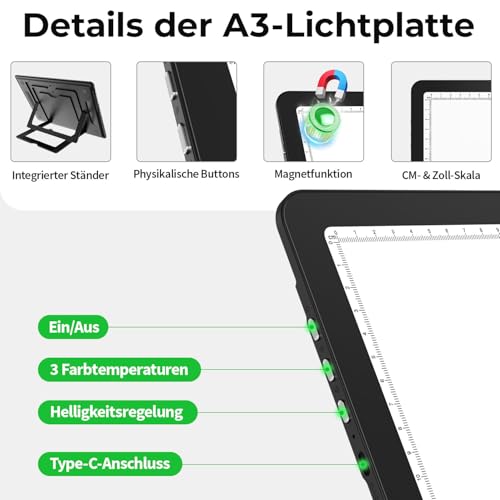 Zocelight Rechargeable A3 Light Board with Built-in Stand,Super Bright Magnetic Light Box for Tracing,Wireless Light Pad for Diamond Painting,Side Buttons,5000mAH Battery,LED Light Table for Drawing - size: A3 with Stand