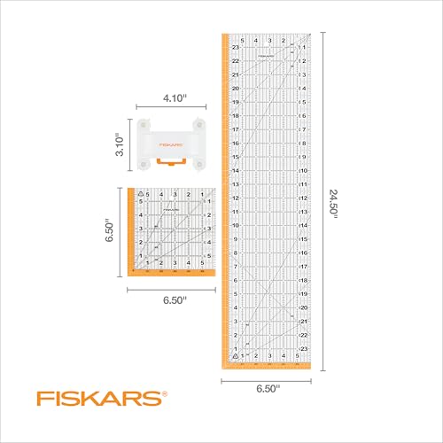 Fiskars 3-Piece Ruler & Connector Set, 6.5" x 6.5" & 6.5" x 24.5" Rulers | Connect Two Sewing Rulers of Any Size w/ Connector, Precision Measuring Tool for Arts & Crafts, Easy Alignment & Cutting - size: 6.5" x 6.5" and 6.5" x 24.5"
