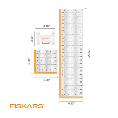 Fiskars 3-Piece Ruler & Connector Set, 6.5" x 6.5" & 6.5" x 24.5" Rulers | Connect Two Sewing Rulers of Any Size w/ Connector, Precision Measuring Tool for Arts & Crafts, Easy Alignment & Cutting - size: 6.5" x 6.5" and 6.5" x 24.5"