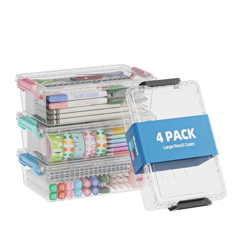 BiuLeon 4 Pack Extra Large Pencil Box, Plastic Pencil Case Organizer, Clear Crayon Box Marker Organizer, Stackable Craft Organizers and Storage for Pen, Craft, Art Supply(Green/Blue/Pink/Black) - color: Colorful