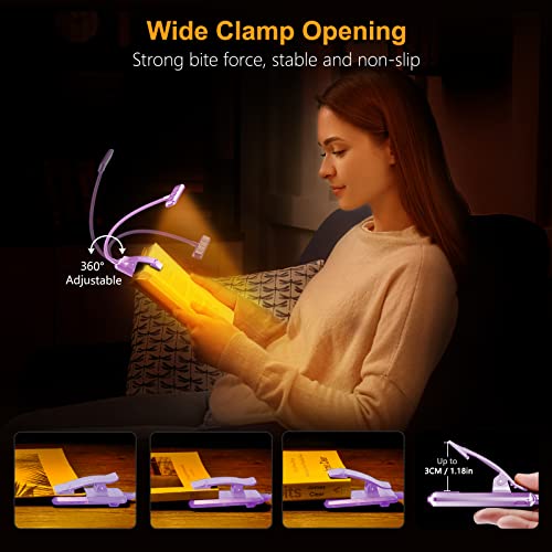 Gritin 19 LED Rechargeable Book Light for Reading in Bed | Eye Caring 3 Color Temps,Stepless Dimming Brightness,Memory Function,90 Hrs Runtime Lightweight Clip on Light-Purple - color: Purple