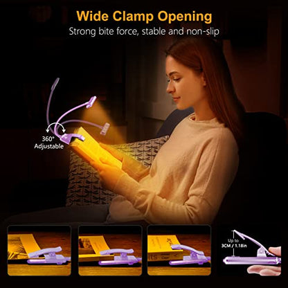 Gritin 19 LED Rechargeable Book Light for Reading in Bed | Eye Caring 3 Color Temps,Stepless Dimming Brightness,Memory Function,90 Hrs Runtime Lightweight Clip on Light-Purple - color: Purple