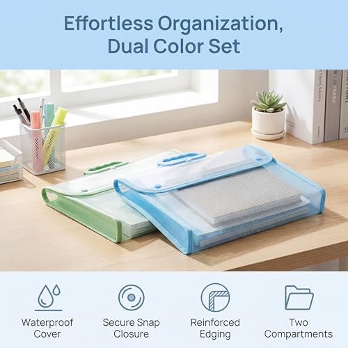Clear File Folder, 2 Pcs Portable Handheld Document Bag, Sturdy A4 Size Briefcase with Handle, Transparent File Case Tote for Documents,Art Portfolio, Folders & Office Supplies (Blue+Green) - color: Blue+green