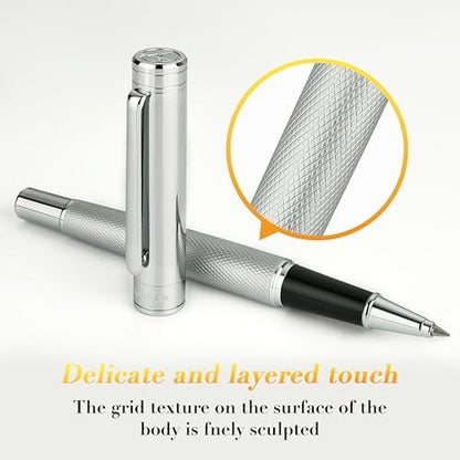 MCNTEIK Silver Rollerball Pen, Stunning Luxury Pen with Mesh Texture Design, Bright Silver Chrome Finish, Schmidt refill, Nice Gift Set for Men & Women, Executive, Office, Graduation, Fancy Pens - color: Silver