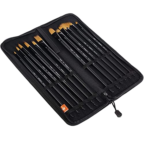 KINGART 12-Piece Paint Brushes Set, Wooden Handles Brushes with Canvas Brush Case, Professional for Oil, Acrylic and Watercolor Painting, Great for Easel & Canvas Art