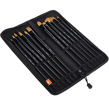 KINGART 12-Piece Paint Brushes Set, Wooden Handles Brushes with Canvas Brush Case, Professional for Oil, Acrylic and Watercolor Painting, Great for Easel & Canvas Art