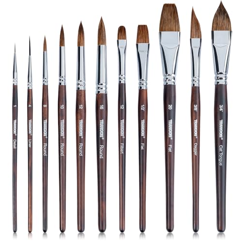 Transon 11pcs Sable Watercolor Brushes Professional Brush Set for Watercolor Painting Gouache Painting - color: Brown
