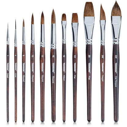 Transon 11pcs Sable Watercolor Brushes Professional Brush Set for Watercolor Painting Gouache Painting - color: Brown