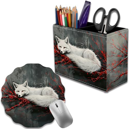 Pen Holder for Desk, PU Leather Multifunctional Desktop Storage Box and Anti-Slip Mouse Pad Set, Makeup Brush Holder Pen Organizer for Office and Home - Fox and Red Branch - color: Fox and Red Branch