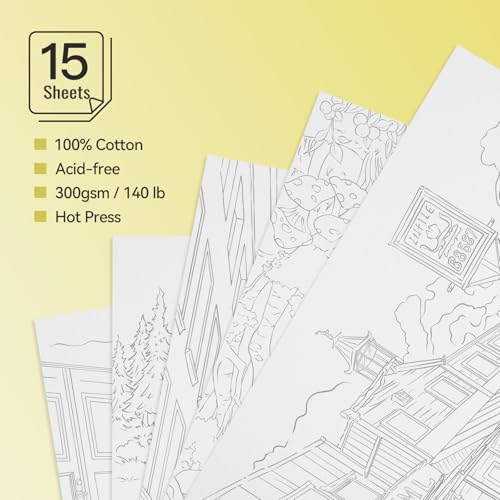 Lightwish Watercolor Coloring Book for Adults & Beginners,100% Cotton 300gsm/140lb Acid-Free Hot Press Paper, 8.3 x 5.6 Inches,15 Sheets,Landscape-Themed - color: Landscape-Themed