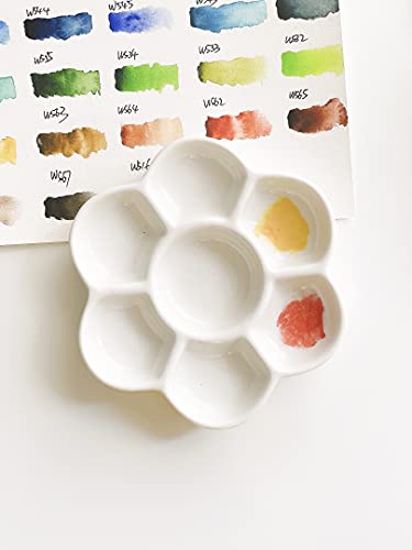 Set of 3,7-Well Small Ceramic Artist Paint Pallet,Tray,Palette,3/4.5/6 inch,Easy to Clean Porcelain Mixing Tray for Watercolor Gouache Painting