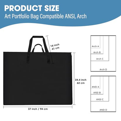 ZKOO Art Portfolio Bag, 24 x 36 Extra Large Light Weight Art Portfolio Case Shoulder Strap, Handle, Waterproof Nylon, Artwork Storage Box Ideal for Artwork, Canvas, Poster, Sketching, Drawing (Black)