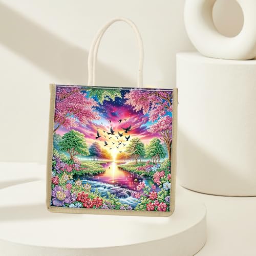 JZHYOAN Landscape DIY Diamond Painting Canvas Tote Bags Package Portable Reusage Handmade Shopping Storage Package DIY Diamond Art Tote Bag Kit Gem ArtTote Bags with Diamonds for Adult Family
