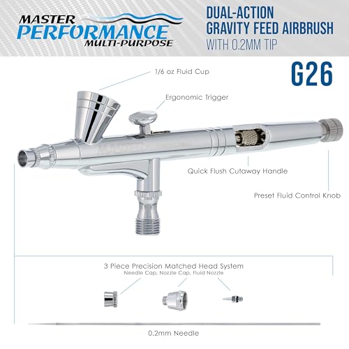 Master Airbrush G26 Multi-Purpose Dual-Action Gravity Feed Airbrush Gun | 0.2mm Tip, 1/16 oz Cup, Cutaway Handle, Air Brush Gun for Fine Art, Aerografo Illustration, Hobby, and Cake Decorating