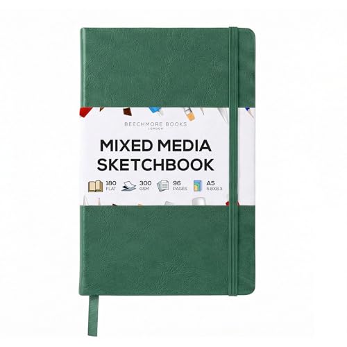 Beechmore Books A5 5.8x8.3 Mixed Media Sketchbook 300 GSM/140LBS | Heavyweight Vegan Leather Hardcover, 96 Pages Art Journal, Art Supplies for Paintings, Gouache, Watercolor & Ink - color: Dartmouth Green, size: A5 - 5" x 8" Medium