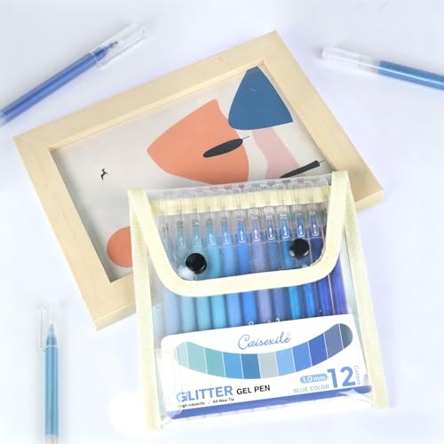 12 Blue Glitter Gel Pens Set, 1.0 mm Fine Point for Black Paper & White Paper, Large Capacity Pens for Journaling, Adult Coloring Books, Drawing, Note Taking, Highlighting - color: blue