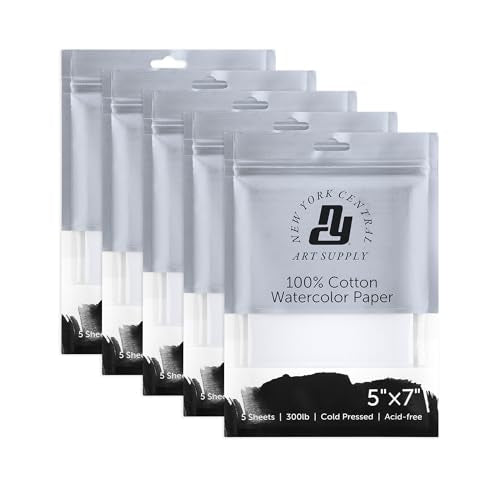 New York Central Watercolor Paper - 5x7-5 Packs of 5-25 Sheets Total - 300 lb. Cold Press - 100% Cotton, Acid-Free, Archival Quality, Bright White Watercolor Paper Pad for Wet & Dry Media - size: 5x7"