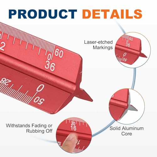 HARFINGTON 2 Pcs Architectural Scale Ruler, 7 Inch Standard Aluminum Alloy Architect Triangular Large Scale Laser-Etched Blueprint Drafting Ruler for Architects Engineers, Red - color: Red, size: 7 Inch