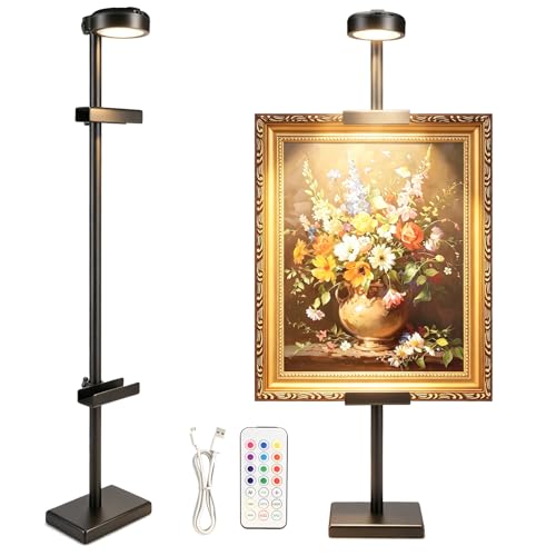 30'' Adjustable Tabletop Easel Stand with Rechargeable 13RGB Poster Light | Picture Frame Light, Picture Easels for Display,Black Metal Picture Frame Holder Stand for Artwork, Photo,Sign. - color: Black