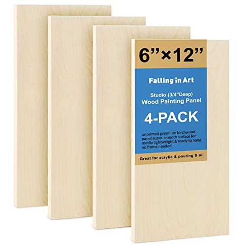 Falling in Art 4 Pack 6x12’’ Unfinished Birch Wood Panels Kit for Painting | Studio 3/4’’ Deep Wood Canvas, Cradle Boards for Acrylic Pouring, Art, Crafts, Epoxy Resin, Laser Engraving Cutting - size: 6'' x 12''