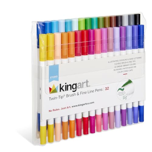 KINGART 32 Double Tip Brush Pens Art Markers, Artist Fine & Brush Pen Coloring Markers for Adult Book Cards Drawing Craft Kit Teacher Office Supplies