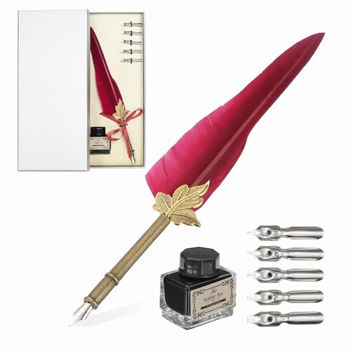 PATIKIL Feather Quill Pen Set, 1 Set Vintage Feather Calligraphy Pen Fountain Dip Pen Set with Ink, Pen Holder and Replacement Nibs for Beginner Writer Writing Gift, Dark Red(Silver Box) - color: Dark Red