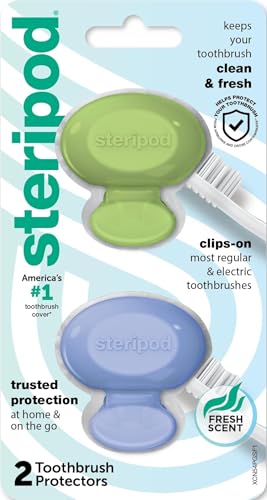 Steripod Clip-On Toothbrush Protector, Green/Blue, 2 Count - color: Green and Blue, size: 2 Count (Pack of 1)