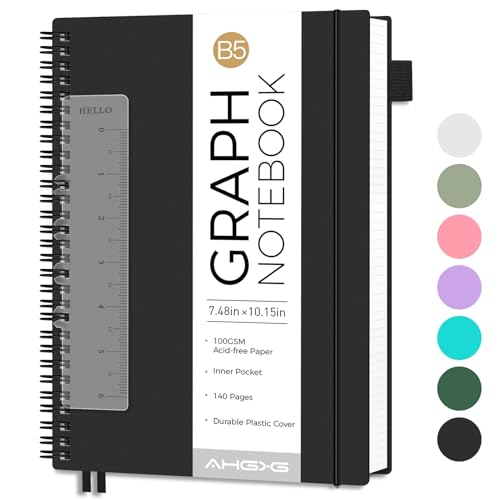 AHGXG Spiral Graph Paper Notebook, 140 Pages, B5 (7.6" x 10") | 100 gsm Thick Grid Paper, Waterproof Plastic Cover, for School Writing Engineering (Black) - color: Black, style: B5-Graph