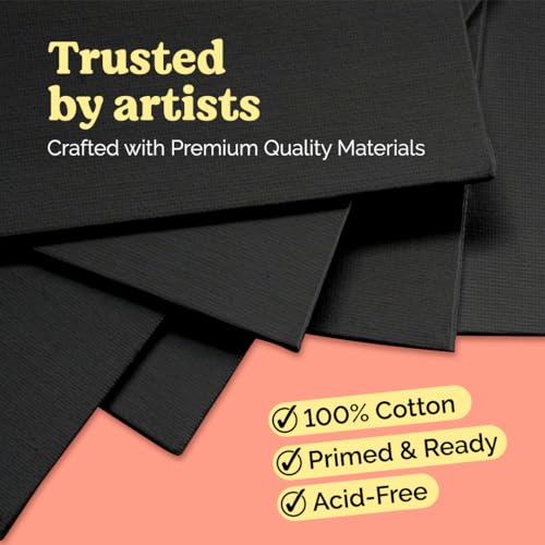 Chalkola 25 Square Black Canvas for Painting - Primed Cotton Art Boards | Panels (25 Pack) 4x4, 6x6, 8x8, 10x10, 12x12 inch (5 Each) - Painting Canvases 100% Cotton, Acid Free for Adults & Artists - size: 25 - 4x4, 6x6, 8x8, 10x10, 12x12, style: Black