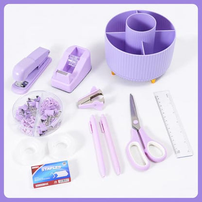 Gawsey Purple Desk Organizers and Accessories with Desk Organizer 360° Rotating Pen Holder and Office Supplies, Cute Stationery Supplies Set - color: A Purple