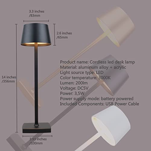 Rechargeable led Cordless Desk lamp, Aluminum, Dimmable, Suitable for Indoor and Outdoor Lighting (Black)
