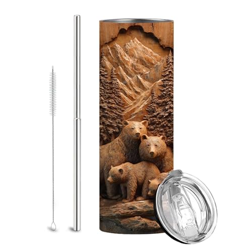 Firmiso 20 oz Tumbler｜Skinny Insulated Travel Mug｜Bear Family Mountain Forest Stainless Steel Cup with Lid and Telescopic Straw｜Rustic Wildlife Drinkware｜Outdoor Gift Idea for Men - color: Bear Family