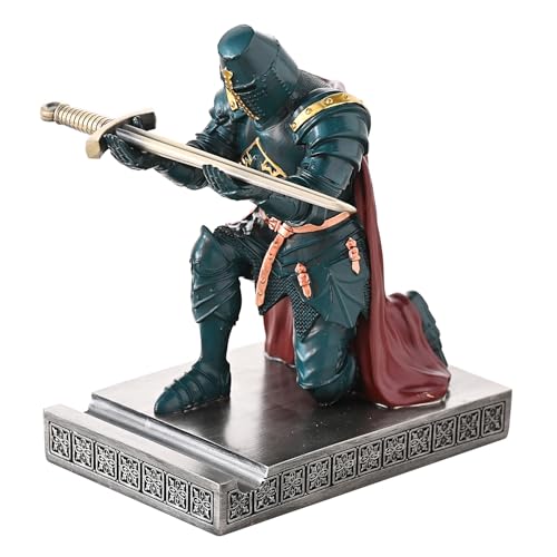 Medieval Templar Vanguard Officer Knight Pen Holder Desk Organizers Green | Pencil Stand Paperweight Desktop Decoration Accessories Cell Phone Stand with a Fancy Sword for Medieval Warrior Enthusiast - color: Green