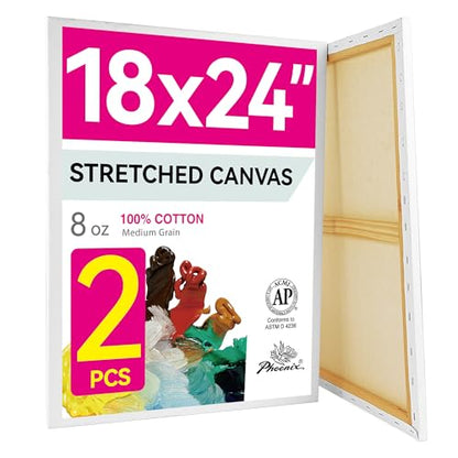 PHOENIX 18x24 Inch Pack of 2 Canvas - Large Stretched Canvases for Painting, 8 Oz Triple Primed 5/8 Inch Profile 100% Cotton White Blank Framed Canvas for Oil Acrylic & Pouring Art - size: 18"x24", style: Studio 2 Pack Set